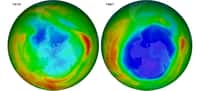 En 1979, le trou de la couche d'ozone au-dessus de l'Antarctique n'existait pas encore vraiment. Mais en 1987, plus personne ne pouvait nier sa présence, comme le montrent ces images satellitaires en fausses couleurs. Le violet et le bleu indiquent les zones où la teneur en ozone stratosphérique est la plus faible, le jaune et le rouge là où elle est la plus élevée. © Nasa