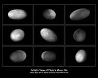 Ces images sont extraites d'une simulation des mouvements de rotation chaotiques de Nix, une des lunes de Pluton. Ces mouvements sont causés à la fois par le champ de gravitation complexe et dynamique du système Pluton-Charon et par la forme de Nix. © Nasa, ESA, M. Showalter (SETI Institute) et G. Bacon (STScI)