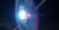 Illustration du pulsar J2032 pénétrant l’environnement de son compagnon, la géante bleue MT91 213. Le phénomène se produira en 2018 et occasionnera un remarquable feu d’artifice qui sera disséqué dans toutes les longueurs d’onde par de nombreux astrophysiciens. © Nasa, GSFC