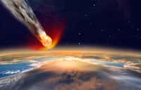 Image d’artiste d’un astéroïde fonçant sur la Terre. Les sphérules retrouvées dans les sédiments d’un ancien fond marin, entre deux couches volcaniques, au nord-ouest de l’Australie, dans la région de Marble Bar, ont été créées par l’impact d’un corps de 20 à 30 km de diamètre, il y a 3,46 milliards d’années. © muratart, Shutterstock