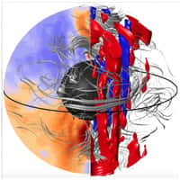 La structure dynamique interne du noyau, estimée à partir des observations de surface et du comportement d’un modèle informatique de la géodynamo. Les structures tourbillonnaires de l’écoulement sont représentées en rouge et en bleu. Le champ magnétique interne est représenté en orange et violet, ainsi que par des lignes de champ dans le volume qui sont tordues par l’écoulement. © Julien Aubert, IPGP/CNRS