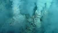 Un exemple des sources hydrothermales découvertes au fond des océans, souvent proches des dorsales océaniques à des milliers de mètres de profondeur. Des organismes vivent là, dans une eau acide et très chaude, jusqu'à plus de 100 °C. Ces écosystèmes sans lumière fonctionnent grâce à l'énergie de la chimiosynthèse, exploitant par exemple le soufre ou l'hydrogène. La photographie a été prise au fond de l'océan Pacifique, sur l'arc volcanique des Mariannes. ©&nbsp;Pacific Ring of Fire 2004 Expedition,&nbsp;NOAA Office of Ocean Exploration, Bob Embley, NOAA PMEL,&nbsp;Chief Scientist
