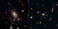 Ces images montrent deux des amas de galaxies observées par Wide-field Infrared Survey Explorer (Wise) et le télescope spatial Spitzer. Au centre de chaque image, une Brightest Cluster Galaxy se signale par sa luminosité. L'image de gauche montre l’amas Abell 2199, à une distance de 400 millions d'années-lumière du Soleil. Cette image combine les données infrarouges de Wise (en rouge) avec celles dans le spectre visible du Sloan Digital Sky Survey (en bleu et vert). Sur la droite, on distingue l’amas CSI 1433.9+3330, qui est nettement plus éloigné avec une distance de 4,4 milliards d'années-lumière. Les données infrarouges de Spitzer (en rouge) sont combinées avec des données similaires prises par le télescope Mayall de Kitt Peak, en Arizona. © NASA, JPL-Caltech, SDSS, NOAO