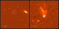 Ces photos montrent l’aspect dans le visible du sursaut gamma GRB-990123 (le point brillant au milieu du carré de droite), les 8 et 9 février 1999. L’objet au-dessus avec les filaments en forme de doigt est sa galaxie d’origine. Cette galaxie semble être déformée par une collision avec une autre. Ces images ont été prises avec le télescope Hubble. © Nasa