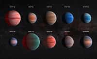 Illustration des dix Jupiter chaudes dont les atmosphères ont été étudiées dans le visible et l’infrarouge avec les télescopes Hubble et Spitzer. Chacune présente des caractéristiques différentes témoignant de la grande variété de ces mondes qui gravitent très près de leur étoile. Les proportions sont respectées. La plus petite, HAT-P-12b, a une taille équivalente à celle de Jupiter. © Nasa, Esa