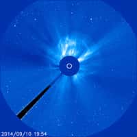 Éjection de masse coronale observée le 10 septembre, après la puissante éruption solaire de classe X1.6, dans le champ du coronographe Lasco-C3 de Soho. © Nasa, Esa, Soho