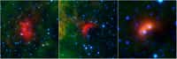 Les arcs de choc se forment à la proue d’étoiles massives en mouvement rapide par rapport au gaz interstellaire. La matière comprimée luit dans l’infrarouge (ici en rouge) et a pu être identifiée dans les données de Spitzer et Wise. Sur l’image de Wise, à droite, deux étoiles en cavale sont précédées d’arcs de choc. © Nasa, JPL-Caltech, University of Wyoming