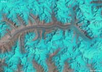 Le glacier Baltoro dans le massif Karakoram (Asie). Sept images prises au cours de ces 25 dernières années par un satellite Landsat ont été réunies dans ce montage accéléré qui ne dure que 0,7 seconde. Le gif animé est visible ici (11 Mo). © F. Paul, The Cryosphere, 2015 &amp; USGS, Nasa