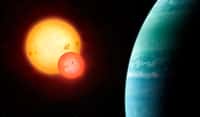 Illustration de la planète gazeuse Kepler-453b, la dixième « Tatooine » découverte ou planète « circumbinaire ». La plus grosse des deux étoiles a presque la même masse que notre Soleil. Ce système, découvert par transit avec le satellite Kepler, est à 1.400 années-lumière de la Terre. © Mark Garlick