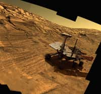 Une image d’Opportunity a été superposée à celle de la pente du cratère Endurance que le rover a réellement visité et photographié au début de sa mission. © Nasa, JPL