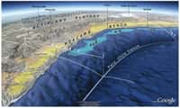 Vue&nbsp;3D des Andes Centrales, mettant en valeur les grandes unités topographiques et géomorphologiques. Depuis la fosse (Peru Chile trench, à plus de 8.000&nbsp;m de profondeur), le relief de la marge andine est structuré en paliers successifs&nbsp;: terrasses et bassins (AqB, ArB, IqB) entre 1.000 et 2.000&nbsp;m sous le niveau de la mer, Atacama Bench (1.000-2.000 m d’altitude), Altiplano (4.000&nbsp;m). © Armijo et al.&nbsp;2015