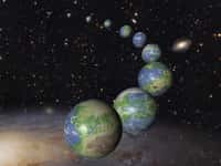Illustration d’une pluralité de terres à travers le cosmos. Nous vivons sur une petite planète rocheuse formée il y a près de 4,6 milliards d’années. Selon une étude de la Nasa, toute la matière première nécessaire à la formation des étoiles et des planètes n’avait alors permis l’apparition que de 8 % de planètes de type terrestre dans la zone habitable de leur étoile. Loin d’être taries, les ressources d’hydrogène et d’hélium sont à même de fournir d’ici la fin des temps, les 92 % restants… Bref, 10 fois plus qu’aujourd’hui, des centaines de milliards d’exoterres. © Nasa, Esa, G. Bacon (STScI)