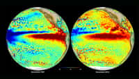 El Niño est visible en rouge sur ces images qui présentent les anomalies du niveau de la mer. À gauche, l’épisode de 1997 vus par Topex-Poséidon en novembre de cette année. À droite, les mesures effectuées en novembre 2015 par Jason-2, Saral-Altika, HY-2A et Cryosat. « Il devrait atteindre son paroxysme fin décembre puis disparaître au printemps » prévoit Émilie Bronner, spécialiste des satellites altimétriques au Cnes. © Aviso, Cnes, CLS 2015