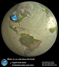 Selon des estimations de 1993, toute l’eau terrestre pourrait tenir dans une sphère de 1.385 km de diamètre. L’eau douce liquide (liquid fresh water) représenterait une sphère d’environ 272 km de diamètre et enfin, l’eau douce liquide de surface (lacs, rivières, etc.) occuperait une bille de 56 km (freshwater lakes and rivers). Sur la Planète bleue, 97,5 % de l’eau est salée (océans…). Sur les 2,5 % d’eau douce, presque un tiers est souterraine (30,1 %) et seulement 1,2 % est disponible en surface. 68,7 % sont dans les calottes polaires ou des glaciers. © Howard Perlman (USGS), Jack Cook (Woods Hole Oceanographic Institution), Adam Nieman