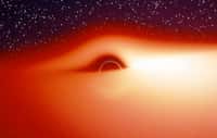 Le champ de gravitation d'un trou noir entouré d'un disque d'accrétion chaud et lumineux déforme fortement l'image de ce disque. Cette image, extraite d'une simulation, montre ce que verrait un observateur s'approchant de l'astre compact selon une direction légèrement inclinée au-dessus du disque d'accrétion. La partie du disque située derrière le trou noir semble tordue à 90° et devient visible. Jean-Pierre Luminet a fait la première simulation de ces images en 1979. © Jean-Pierre Luminet, Jean-Alain Marck