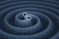 Une représentation d'artiste d'ondes gravitationnelles se propageant dans le tissu de l'espace-temps et rayonnées par un couple de trous noirs spiralant l'un vers l'autre en perdant de l'énergie suite à l'émission de ces ondes. © K. Thorne (Caltech)-T. Carnahan (Nasa GSFC)