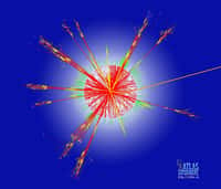 Cette trace est un exemple des simulations des réactions issues de collisions de protons dans le détecteur Atlas du Grand collisionneur de hadrons (LHC) au Cern. Ces traces seraient produites si un minitrou noir était créé. On le verrait alors en train de s'évaporer presque instantanément en particules variées par le biais d'un processus connu sous le nom de rayonnement de Hawking. En l'occurrence, la signature de cette évaporation serait très nette avec des flux de leptons, de photons anormaux et des jets de quarks. © Cern