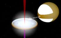 Lorsqu'un trou noir fait partie d'un système binaire avec une étoile suffisamment proche de lui, il lui arrache de la matière. Le gaz capturé s'échauffe et tombe en spirale en formant un disque d'accrétion autour du trou noir, comme sur cette vue d'artiste. Des processus encore mal compris aux abords de ce trou noir engendrent alors des jets de matière, dont on sait seulement avec certitude qu'ils contiennent au moins des électrons fonçant à des vitesses proches de celle de la lumière. © J. Miller-Jones (Icrar), avec un programme crée par R. Hynes