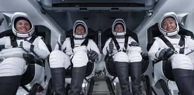 Les quatre astronautes à bord du vaisseau Crew Dragon qui les transporte jusqu'à la Station spatiale. © SpaceX