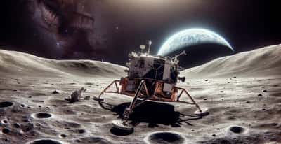 Illustration d'un atterrisseur à la surface de la Lune. La taille de la Terre est exagérée sur cette image générée à l'aide d'une IA. © XD, Futura avec DALL-E