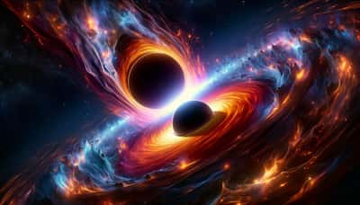 Illustration de la fusion de deux trous noirs géants générée à l'aide d'une IA. © XD, Futura avec Dall-e
