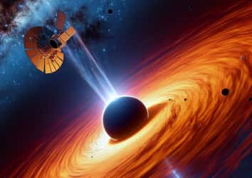Une vue de l'IA du satellite astrométrique Gaia observant un trou noir stellaire et son disque d'accrétion. © IA BING Designer Microsoft Corporation    