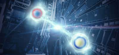 Visualisation artistique de l'intrication d'une paire de quarks top. La ligne entre les particules souligne la non-séparabilité de la paire de quarks top, produite par les collisions du Grand collisionneur de hadrons (ou LHC pour Large Hadron Collider, en anglais), et enregistrée par Atlas. © Daniel Dominguez, Cern