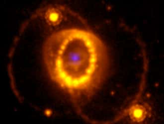 Combinaison d'une image du télescope spatial Hubble de SN 1987A et de celle du télescope James-Webb montrant une source d'argon compacte bleu pâle au centre, détectée avec l’instrument JWST/NIRSpec. © Télescope spatial Hubble WFPC-3-télescope spatial James-Webb NIRSpec/J. Larsson