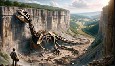 Découverte exceptionnelle du squelette d'un titanosaure dans le sud de la France par un jeune paléontologue amateur. © XD,Futura avec DALL-E