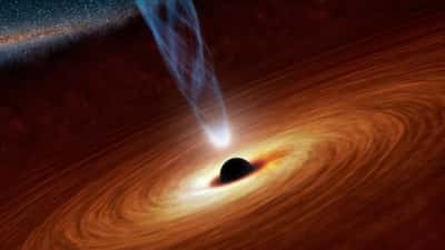 Représentation d'un trou noir, avec son disque d'accrétion et un jet de matière relativiste. © Nasa, Caltech-JPL