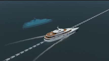 L’avatar bleu symbolise la fausse trajectoire envoyée au système GPS du navire par le système de piratage. Constatant une dérive par rapport à la route originale, le capitaine opère une manœuvre, croyant remettre le bateau sur la bonne trajectoire, alors qu’il est en réalité en train de le dérouter. © Université du Texas, Cockrell School of Engineering L’avatar bleu symbolise la fausse trajectoire envoyée au système GPS du navire par le système de piratage. Constatant une dérive par rapport à la route originale, le capitaine opère une manœuvre, croyant remettre le bateau sur la bonne trajectoire, alors qu’il est en réalité en train de le dérouter. © Université du Texas, Cockrell School of Engineering