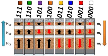 Dans cette illustration, les trois couches magnétiques constituant une colonne sont représentées. Les flèches noires symbolisent les 0 et les rouges, les 1. Ce système permet d’obtenir jusqu’à huit états magnétiques différents, au lieu de deux sur une structure habituelle. © Université de Floride, Plos One Dans cette illustration, les trois couches magnétiques constituant une colonne sont représentées. Les flèches noires symbolisent les 0 et les rouges, les 1. Ce système permet d’obtenir jusqu’à huit états magnétiques différents, au lieu de deux sur une structure habituelle. © Université de Floride, Plos One