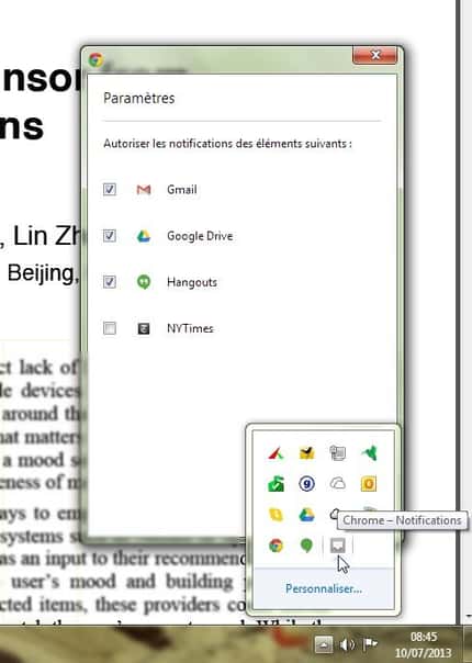 Les paramètres du centre de notifications de Chrome 28 permettent de définir quelles applications et extensions doivent y figurer. © Marc Zaffagni, Futura-Sciences Les paramètres du centre de notifications de Chrome 28 permettent de définir quelles applications et extensions doivent y figurer. © Marc Zaffagni, Futura-Sciences