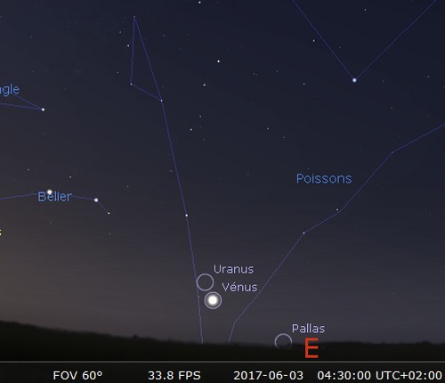Plus grande élongation de Vénus à l'ouest du Soleil et rapprochement avec Uranus