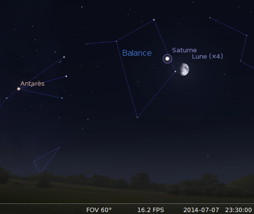 Le 07/07/2014 : la Lune en rapprochement avec Saturne. © DR