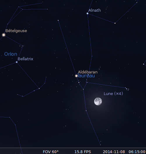 La Lune en rapprochement avec les Pléiades et Aldébaran