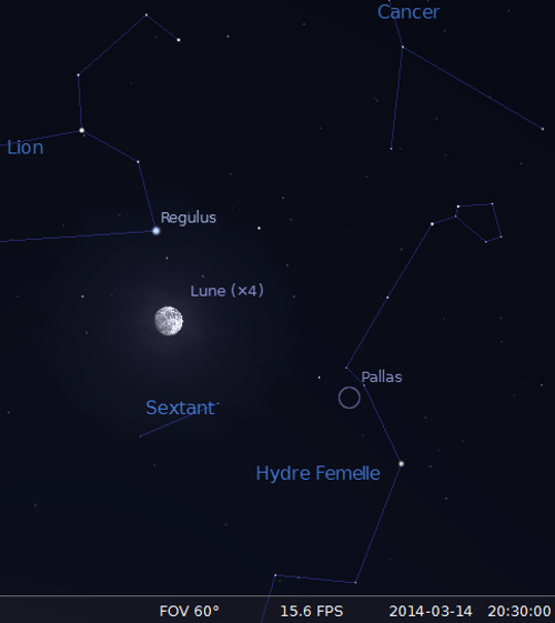 La Lune en rapprochement avec Régulus et Pallas