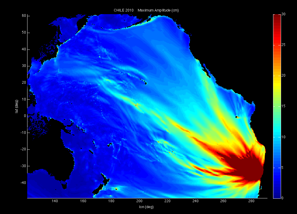 Cette carte montre, en centimètres, les hauteurs estimées (sans l'aide de champs magnétiques) des vagues du terrible tsunami causé par le séisme de 2010 au Chili. L'épicentre se trouvait dans l'océan Pacifique, à 6,4 km au large des côtes. Il a traversé le Pacifique en partant des eaux du Chili. © NOAA