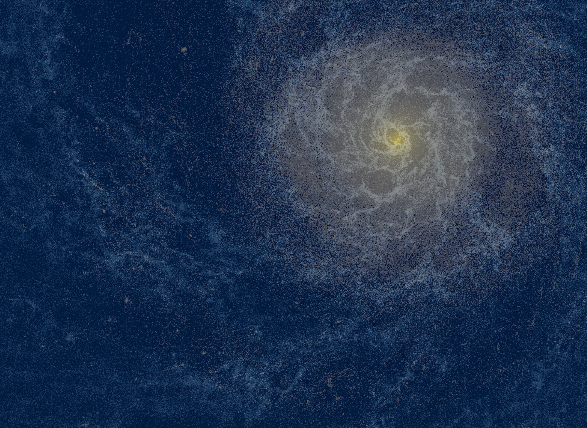Représentation visuelle de la distribution des étoiles et du gaz dans une simulation de formation de la Voie lactée utilisée par Hirai et al. (2022). Les points jaunes représentent les étoiles et les nuages diffus bleus et blancs représentent le gaz. © Yutaka Hirai