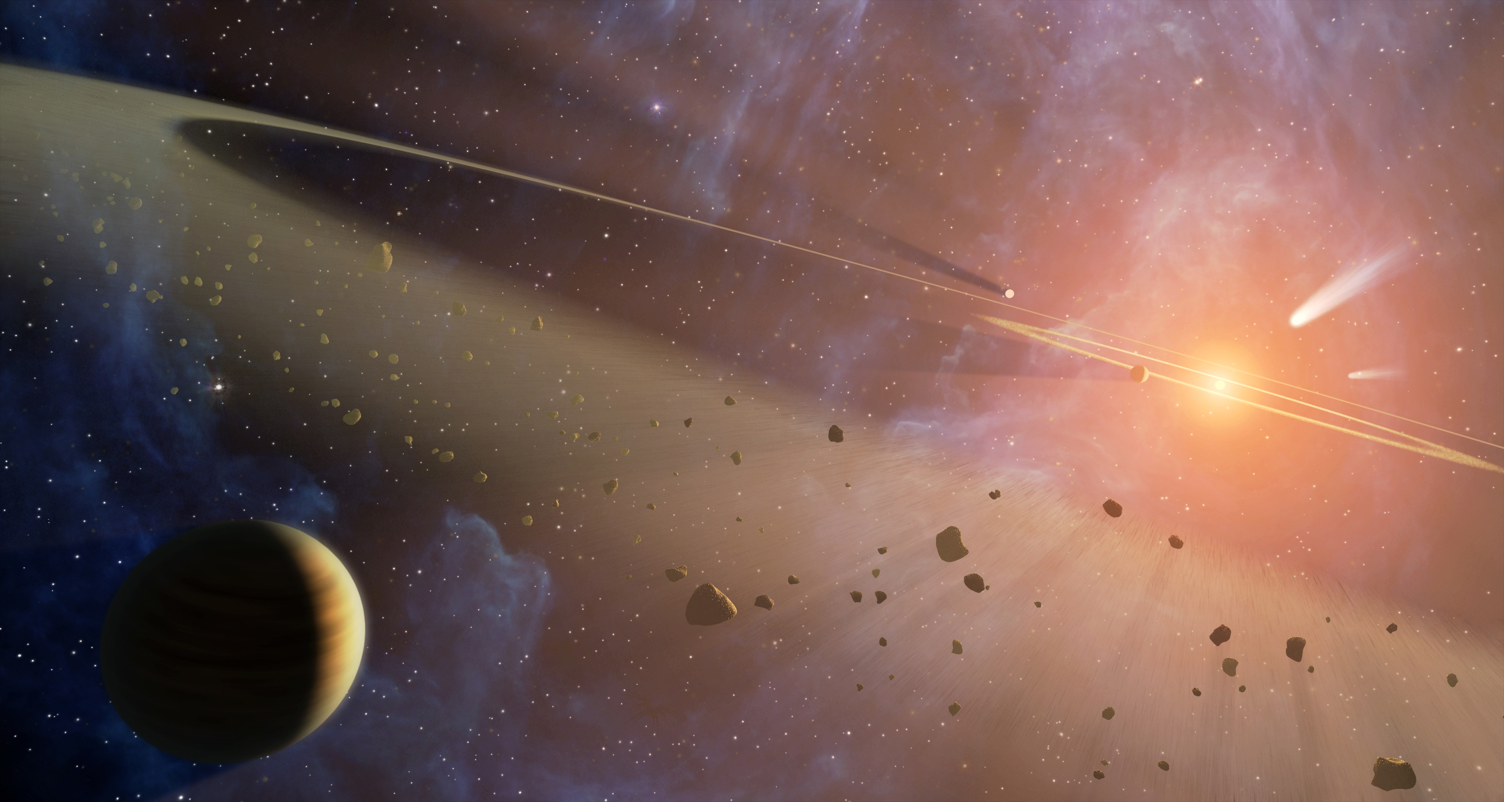Cette vue d’artiste représente Epsilon Eridani, le système planétaire le plus proche du Système solaire. Il contiendrait notamment deux ceintures d’astéroïdes. © Nasa, JPL-Caltech