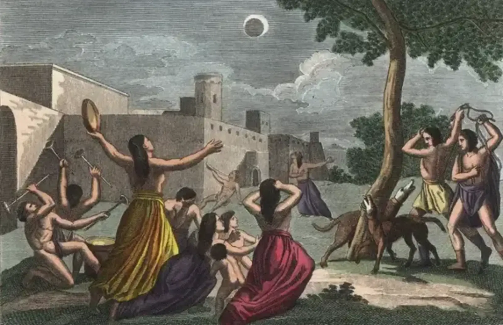 Gravure datant de 1723, Désolation des Péruviens durant l'éclipse de Lune (colorisée). © Bernard Picard