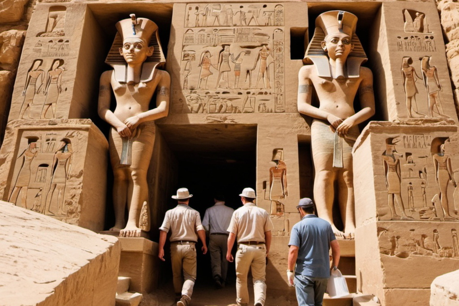 Image générée par intelligence artificielle d’archéologues pénétrant dans un tombeau égyptien. © OpenArt.ai