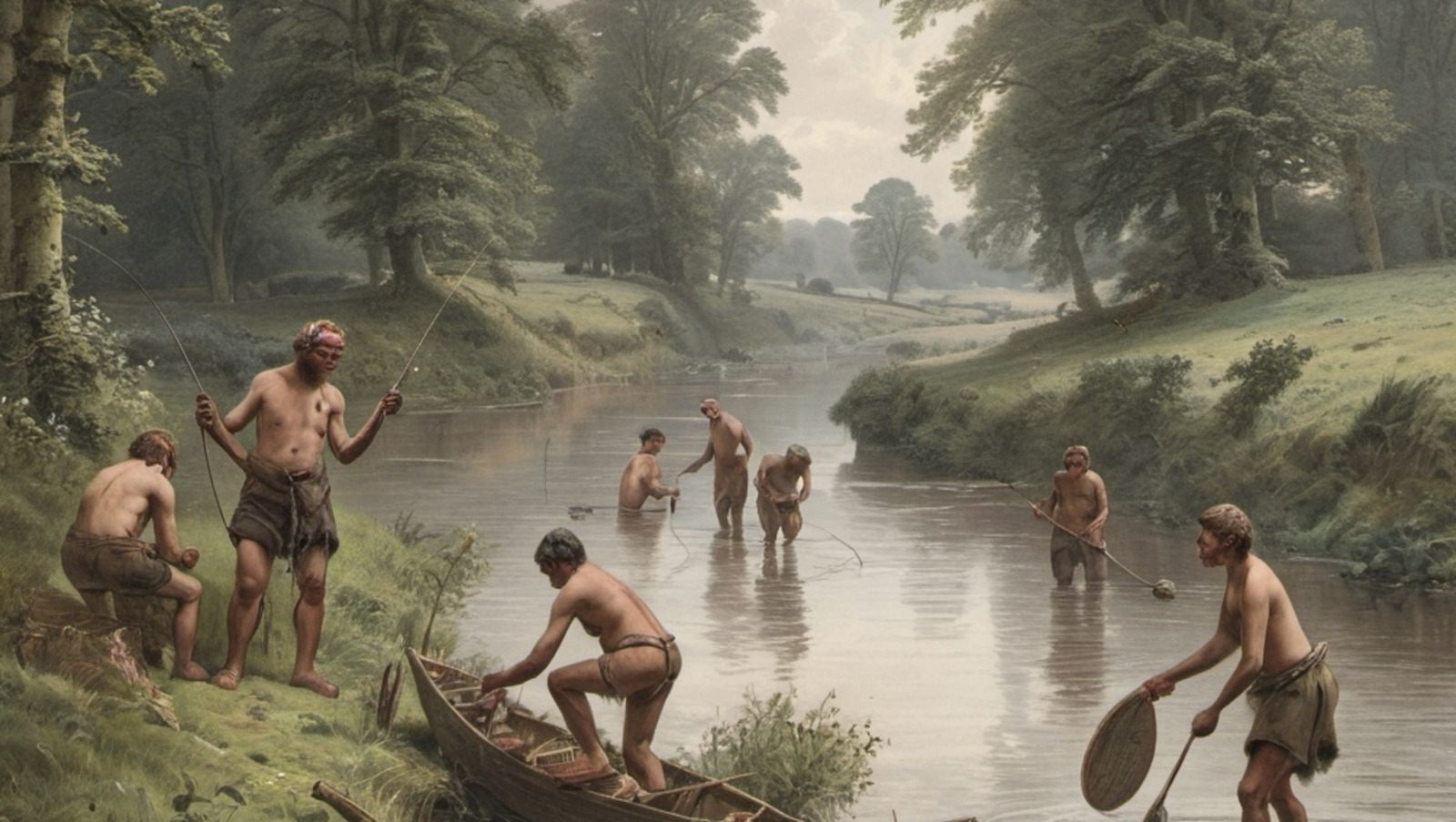 Chasseurs-cueilleurs dans une rivière anglaise. © Image générée par intelligence artificielle OpenArt.ai