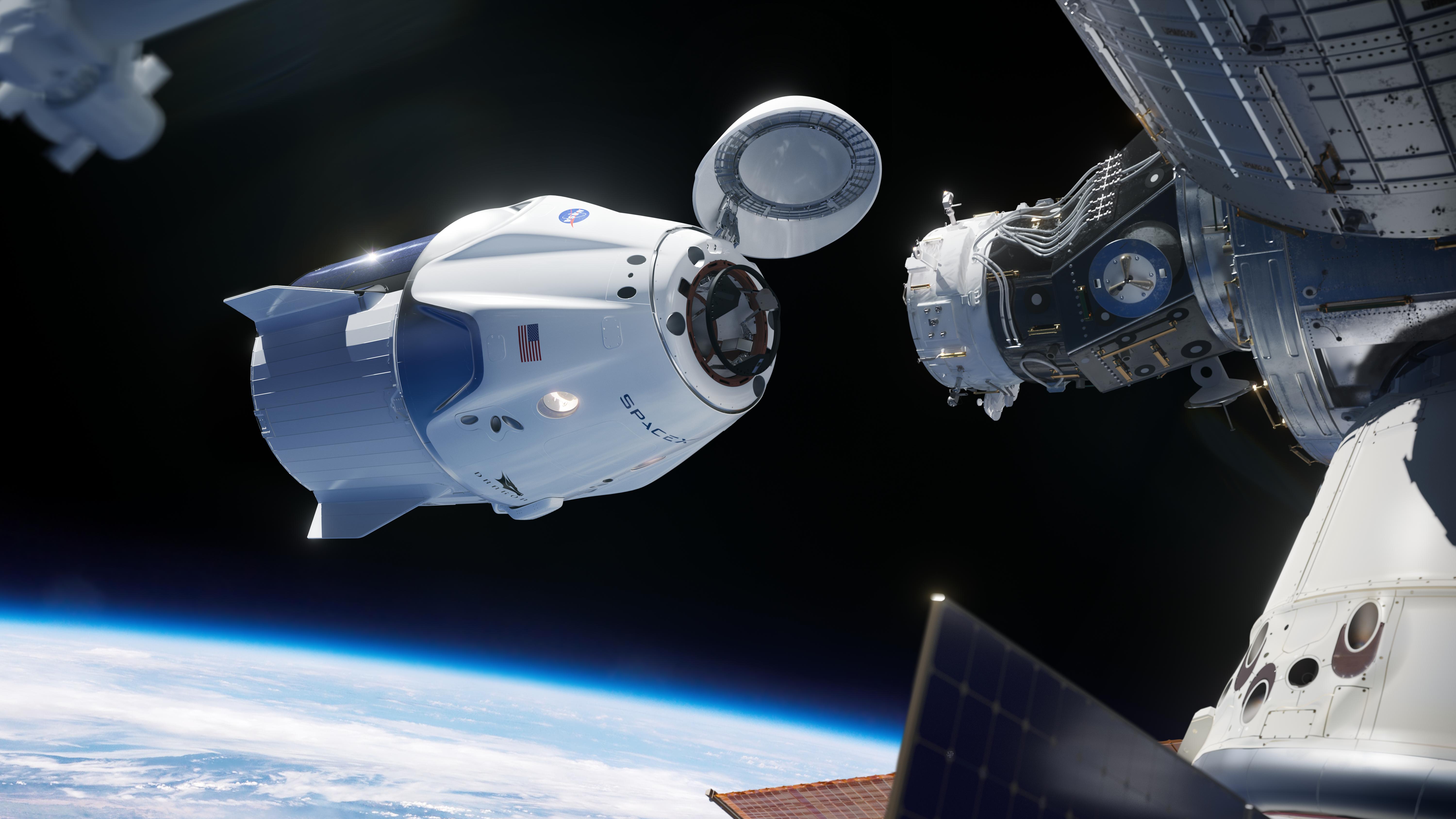 Vue d'artiste du Crew Dragon s'arrimant à l'ISS. © Nasa, ESA