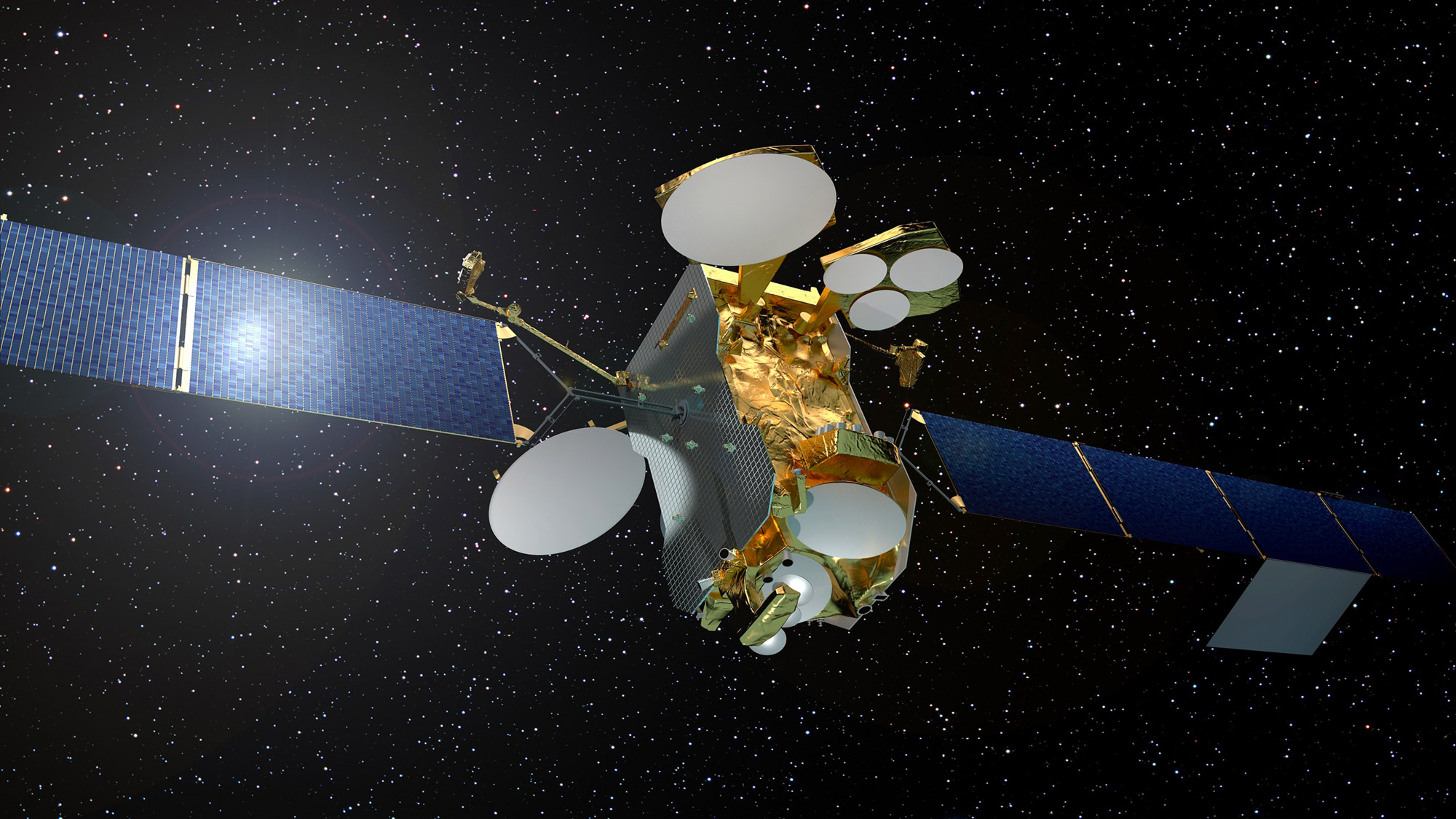 Construit autour de la plateforme Eurostar E3000e, à propulsion entièrement électrique, d'Airbus, le satellite Eutelsat 172B est conçu pour une durée de vie d'au moins 15 ans. Il est le premier satellite à amener l'Internet haut débit à bord des avions. © Airbus Defence and Space