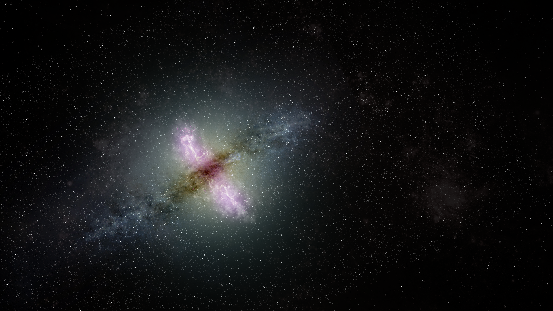 Vue d'artiste d'une galaxie avec un noyau actif propulsant des jets de matière depuis le centre de la galaxie. © Sophia Dagnello, NRAO, AUI, NSF