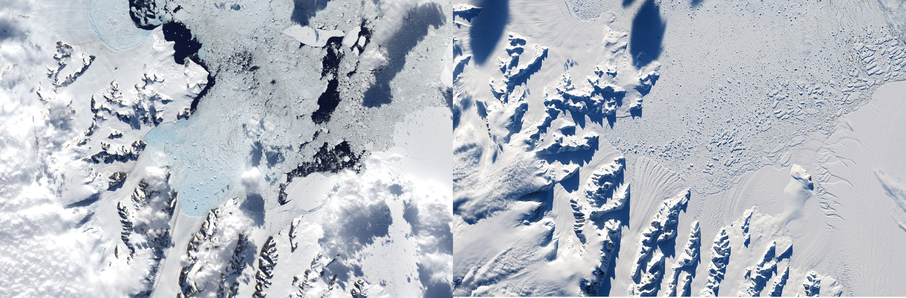 Des glaciers du continent antarctique. Ces masses d'eau douce glissent vers l'océan, s'y étalent et se brisent en icebergs. © AFP Photo, Nasa Earth Observatory