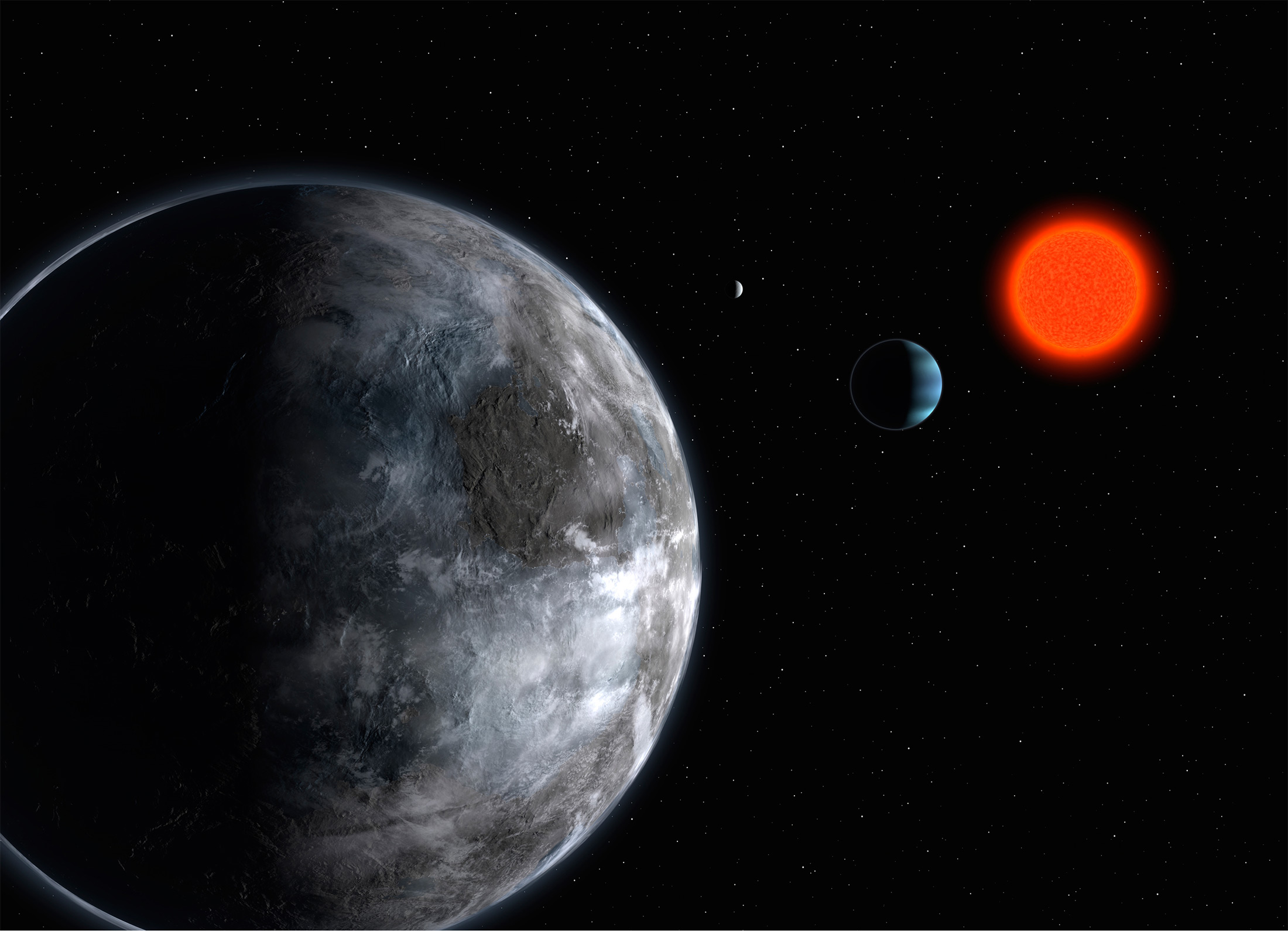 Illustration du système de Gliese 581. Deux exoterres viennent d'être découvertes autour d'une étoile proche, la naine rouge de Teegarden. © ESO