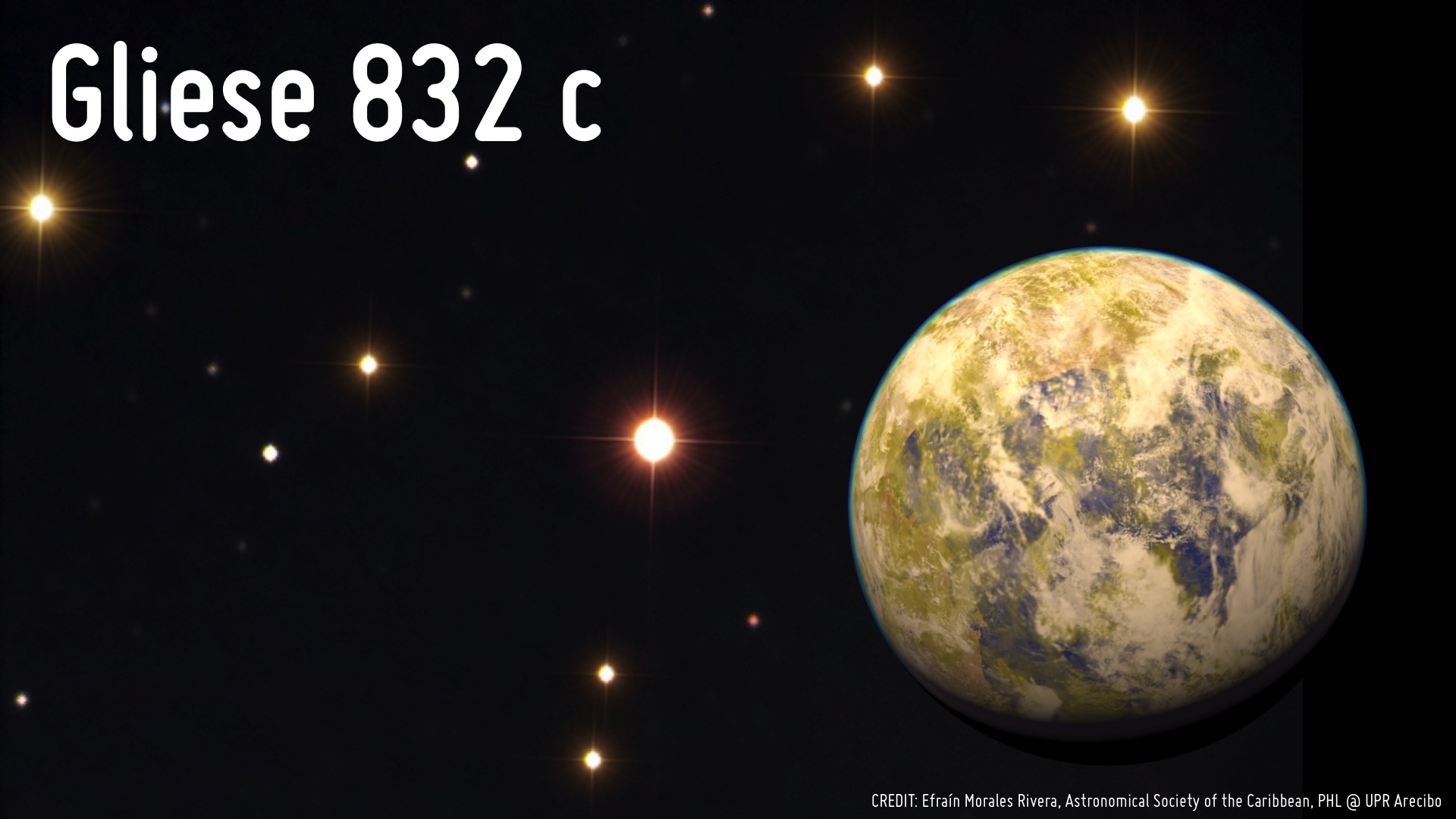 Illustration de la superterre Gliese 832c. À l’arrière-plan : photo de Gliese 832, naine rouge visible dans la constellation australe de la Grue, à 16 années-lumière de la Terre. © Efraín Morales Rivera (Astronomical Society of the Caribbean), PHL, UPR Arecibo
