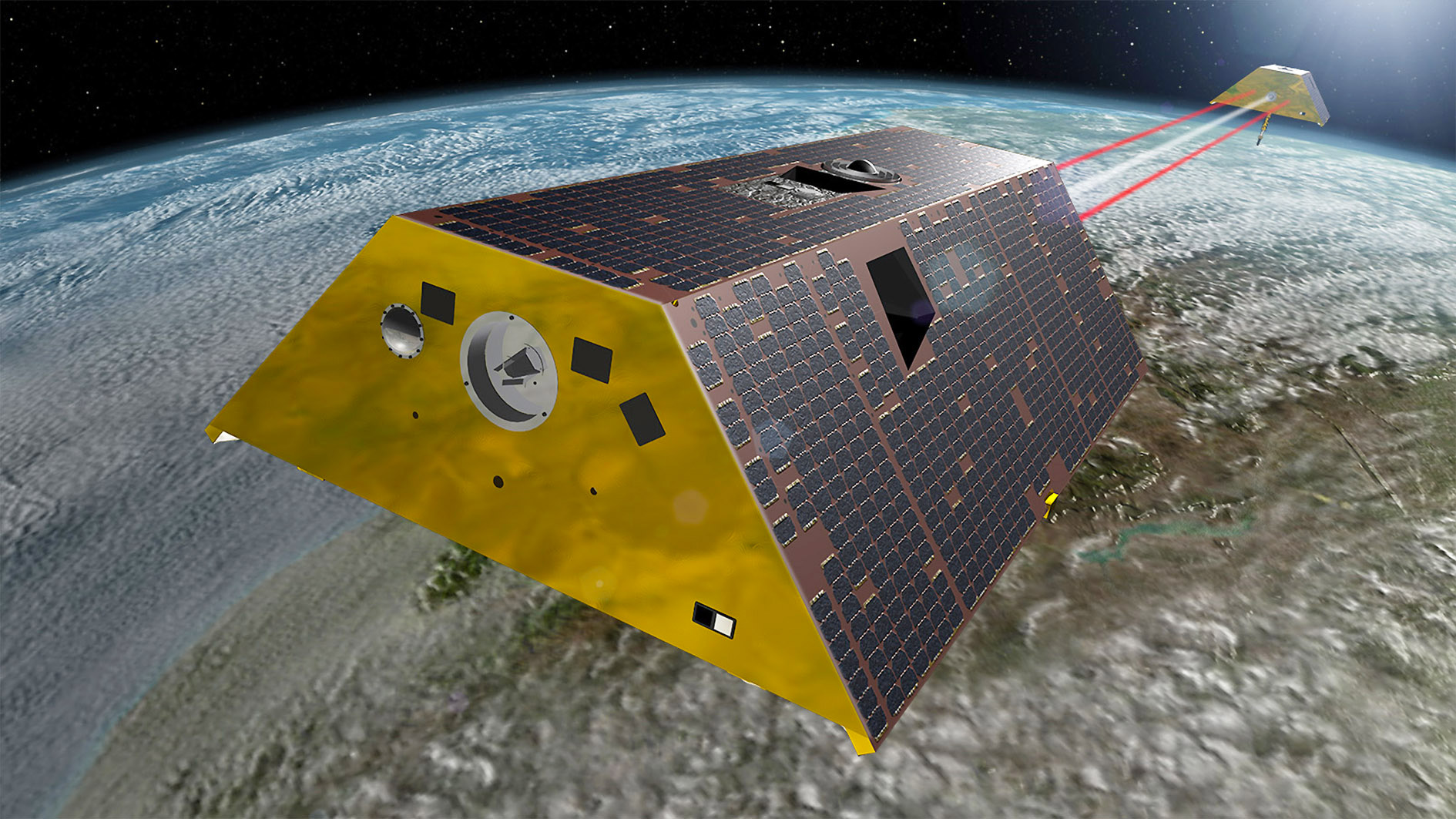 Les deux satellites Grace Follow On et le laser, qui mesurera en permanence la distance séparant les deux appareils. © Airbus Defence and Space